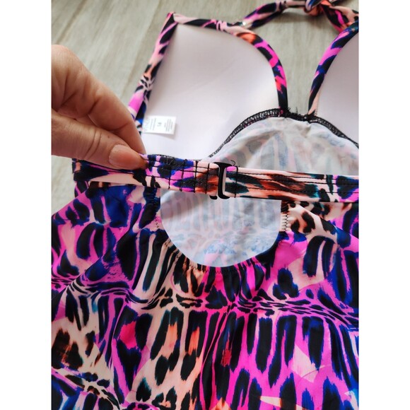 Venus Animal Print Tankini Tie Neck Open Back Bright Pink Blue Orange Sz 14 EUC - Picture 6 of 8